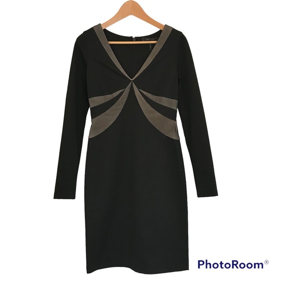 BCBG MaxAzria Little Black Dress Long Sleeve V Neck Mid Length Bodycon Womens S - Picture 3 of 14
